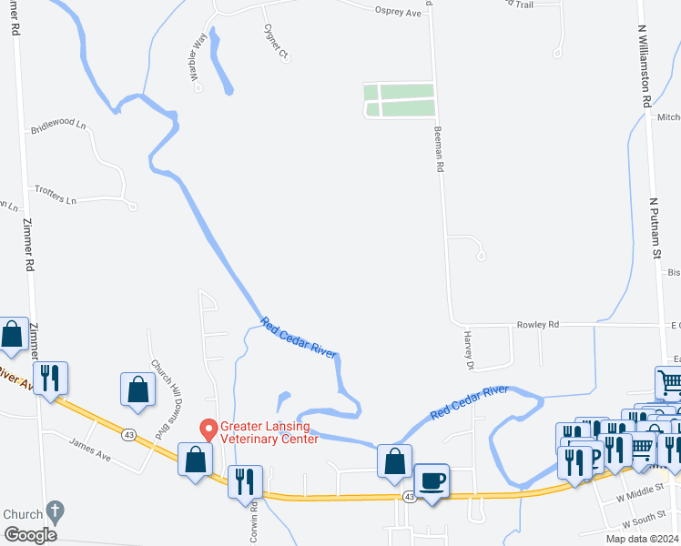 map of restaurants, bars, coffee shops, grocery stores, and more near 3841 Beeman Road in Williamston