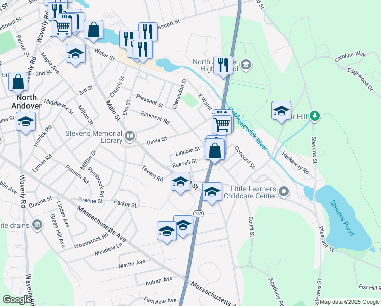 map of restaurants, bars, coffee shops, grocery stores, and more near 28 Lincoln Street in North Andover