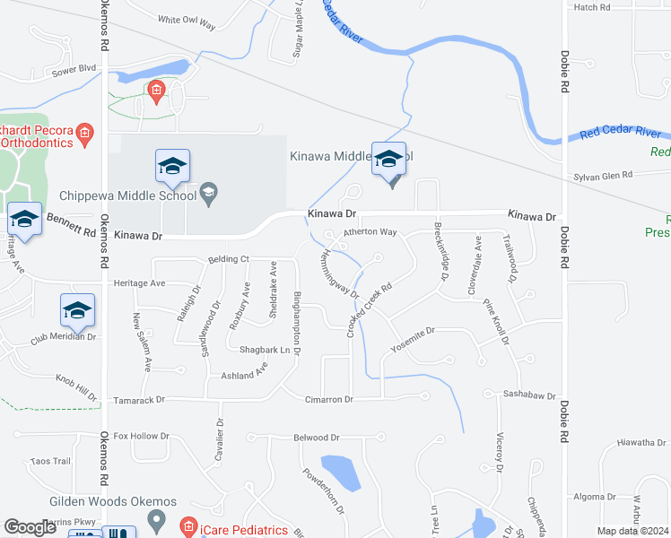 map of restaurants, bars, coffee shops, grocery stores, and more near 3928 Hemmingway Drive in Meridian charter Township