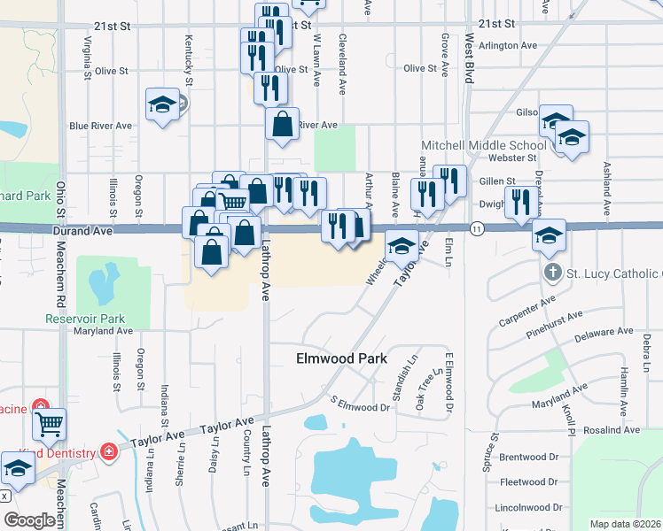 map of restaurants, bars, coffee shops, grocery stores, and more near 3701 Durand Avenue in Racine