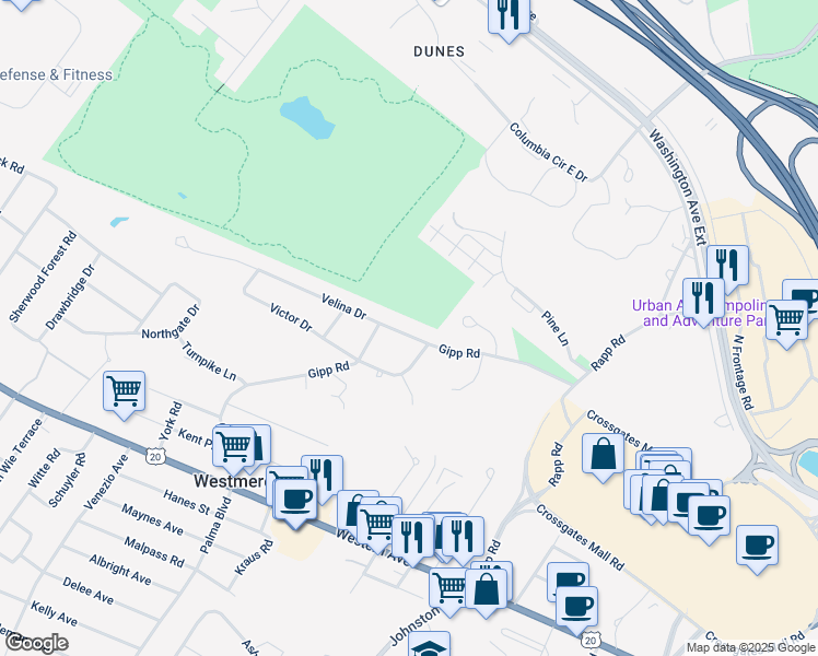 map of restaurants, bars, coffee shops, grocery stores, and more near 5 Velina Drive in Albany