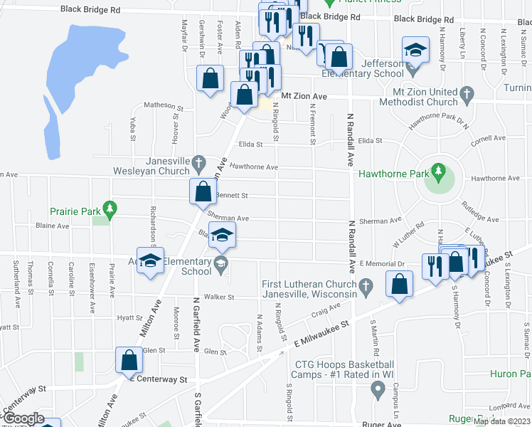 map of restaurants, bars, coffee shops, grocery stores, and more near 1231 Sherman Avenue in Janesville