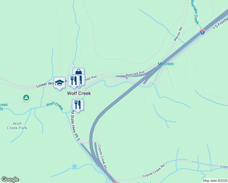 map of restaurants, bars, coffee shops, grocery stores, and more near 997 Old Highway 99 South in Wolf Creek