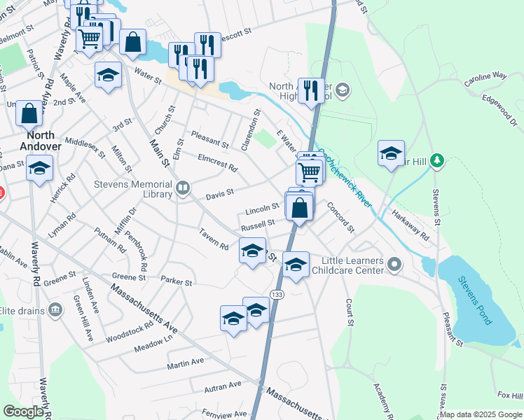map of restaurants, bars, coffee shops, grocery stores, and more near 17 Lincoln Street in North Andover