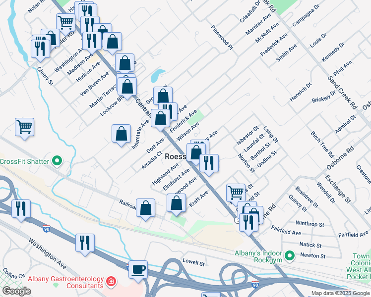 map of restaurants, bars, coffee shops, grocery stores, and more near 1225 Central Avenue in Albany