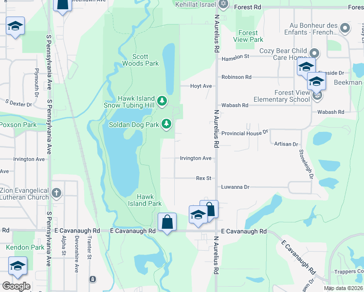 map of restaurants, bars, coffee shops, grocery stores, and more near 3517 Ruth Avenue in Lansing