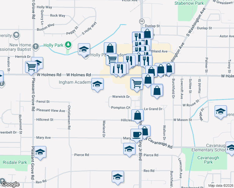 map of restaurants, bars, coffee shops, grocery stores, and more near 1401 West Holmes Road in Lansing