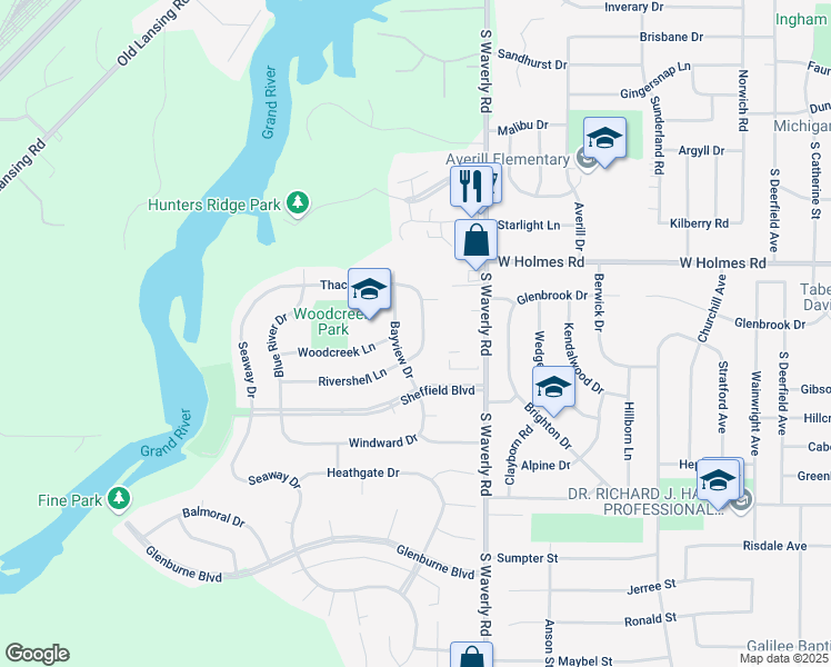 map of restaurants, bars, coffee shops, grocery stores, and more near 3605 Bayview Drive in Lansing