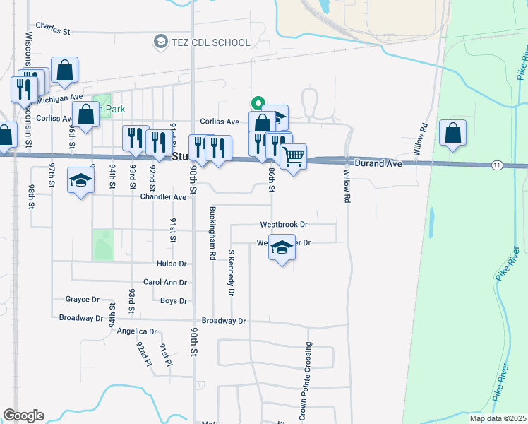 map of restaurants, bars, coffee shops, grocery stores, and more near 8616 Buckingham Road in Sturtevant