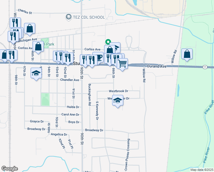 map of restaurants, bars, coffee shops, grocery stores, and more near 8616 Buckingham Road in Sturtevant