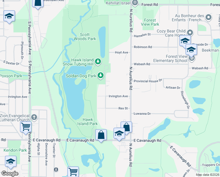 map of restaurants, bars, coffee shops, grocery stores, and more near 3517 Ruth Avenue in Lansing