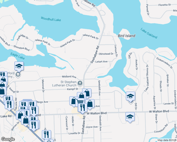 map of restaurants, bars, coffee shops, grocery stores, and more near 4180 Midland Road East in Waterford Township