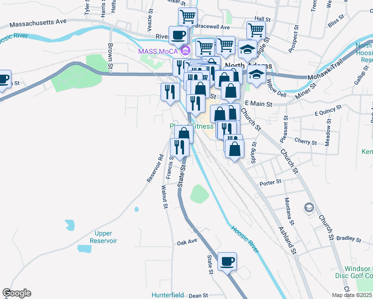 map of restaurants, bars, coffee shops, grocery stores, and more near 139 State Street in North Adams