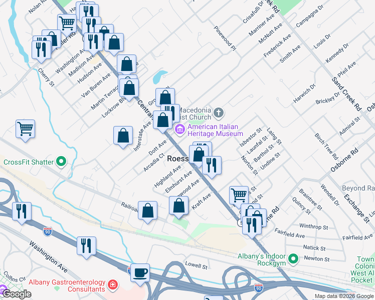 map of restaurants, bars, coffee shops, grocery stores, and more near 1207 Central Avenue in Albany