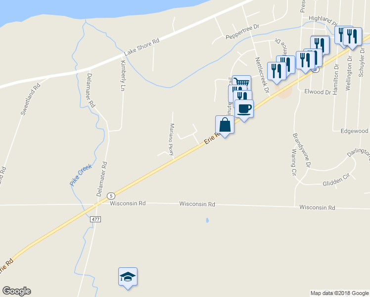 map of restaurants, bars, coffee shops, grocery stores, and more near 7020 Erie Road in Derby