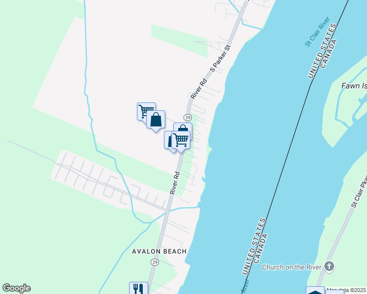 map of restaurants, bars, coffee shops, grocery stores, and more near 6730 River Road in Marine City