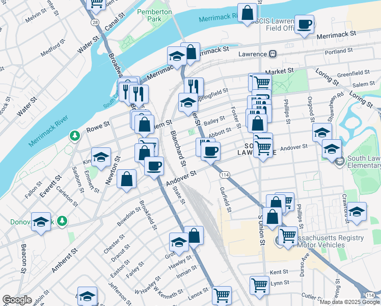 map of restaurants, bars, coffee shops, grocery stores, and more near 7 Abbott Street in Lawrence