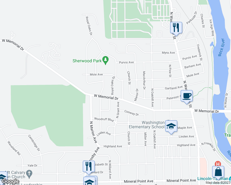 map of restaurants, bars, coffee shops, grocery stores, and more near 2200 West Memorial Drive in Janesville