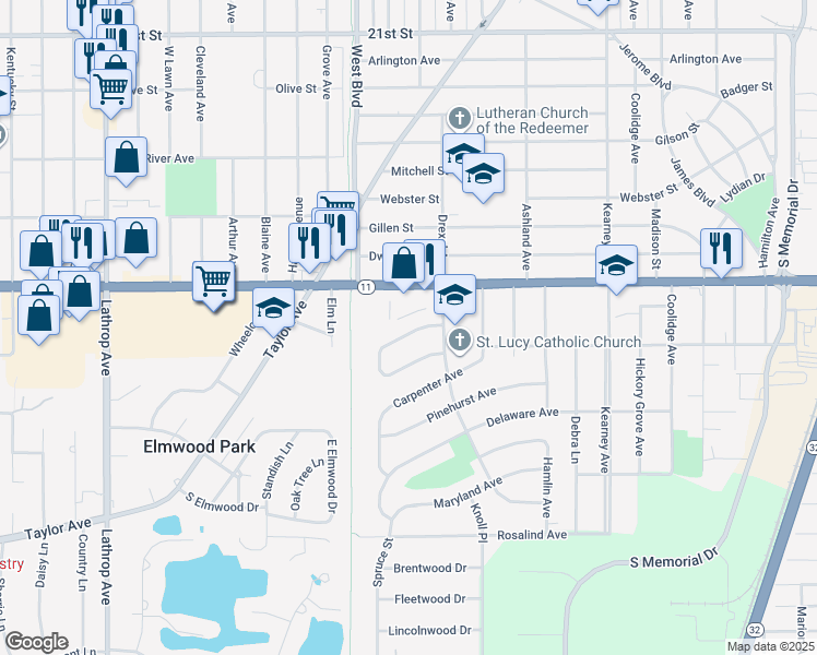 map of restaurants, bars, coffee shops, grocery stores, and more near 2832 Glendale Avenue in Racine