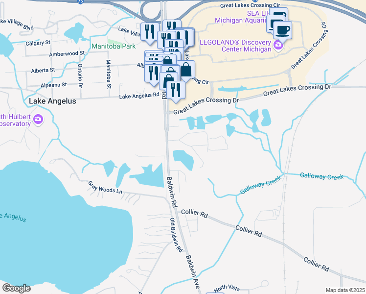map of restaurants, bars, coffee shops, grocery stores, and more near 20 Delevan Street in Auburn Hills