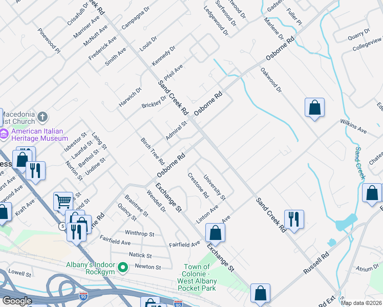 map of restaurants, bars, coffee shops, grocery stores, and more near 111 Osborne Road in Albany