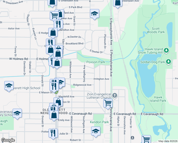 map of restaurants, bars, coffee shops, grocery stores, and more near 734 Vernon Avenue in Lansing