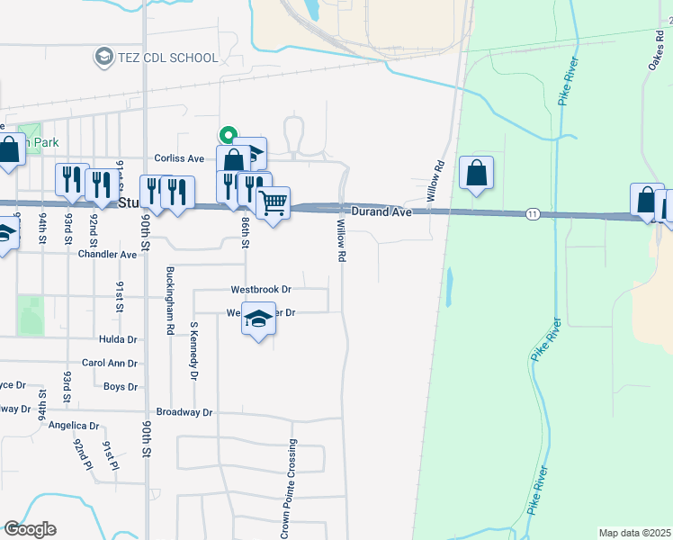 map of restaurants, bars, coffee shops, grocery stores, and more near 3139 Loumos Court in Sturtevant