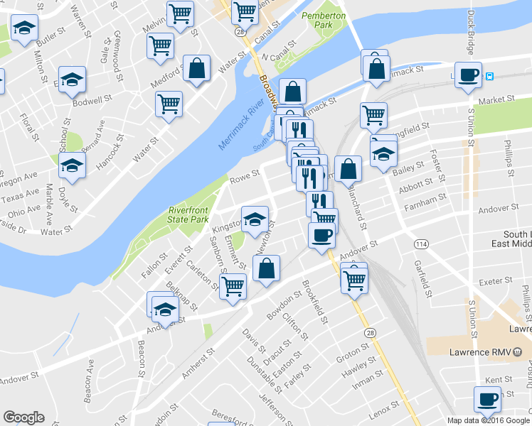 map of restaurants, bars, coffee shops, grocery stores, and more near 41 Kingston Street in Lawrence