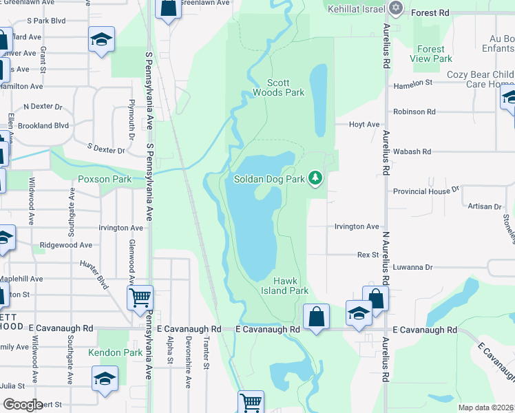 map of restaurants, bars, coffee shops, grocery stores, and more near 1601 East Cavanaugh Road in Lansing