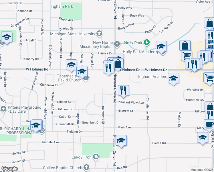map of restaurants, bars, coffee shops, grocery stores, and more near 3601 Richmond Street in Lansing