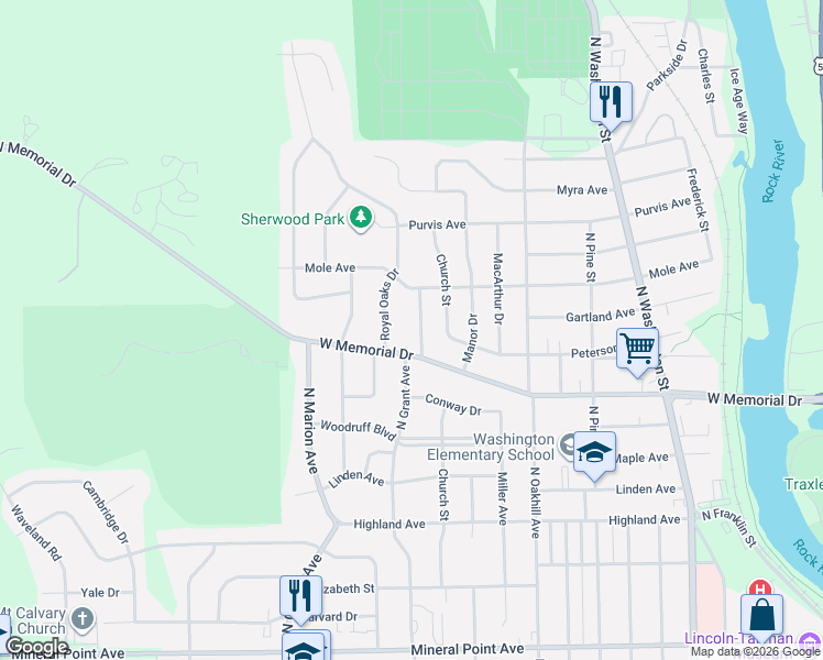 map of restaurants, bars, coffee shops, grocery stores, and more near 1200 Royal Oaks Drive in Janesville