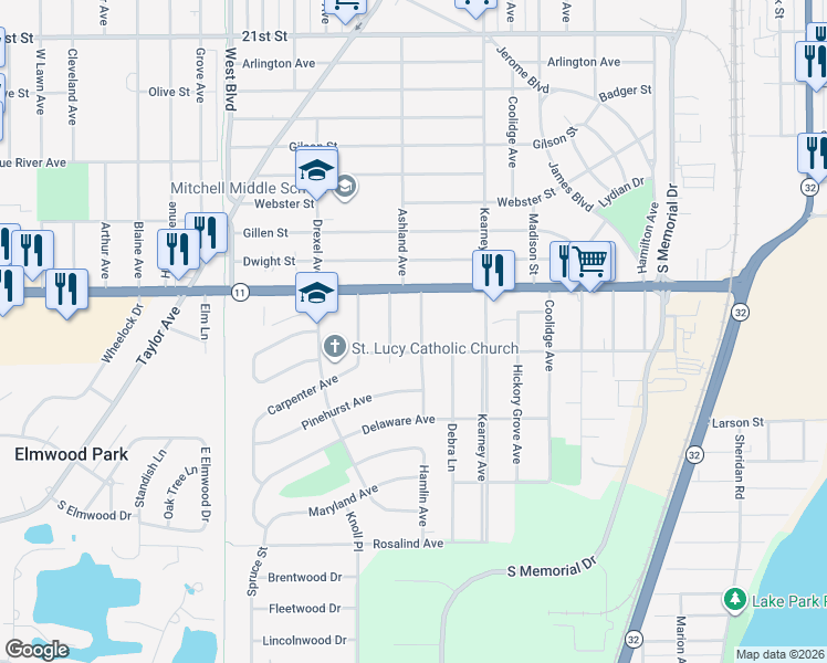 map of restaurants, bars, coffee shops, grocery stores, and more near 2415 Durand Avenue in Mount Pleasant