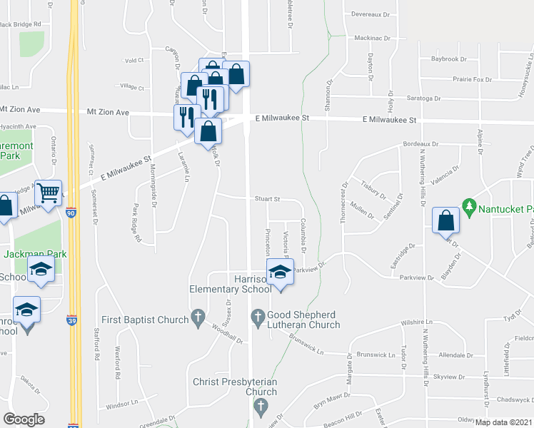 map of restaurants, bars, coffee shops, grocery stores, and more near 933 Princeton Road in Janesville