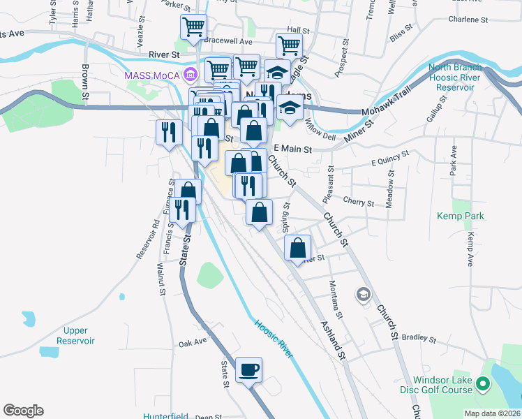 map of restaurants, bars, coffee shops, grocery stores, and more near 116 Ashland Street in North Adams