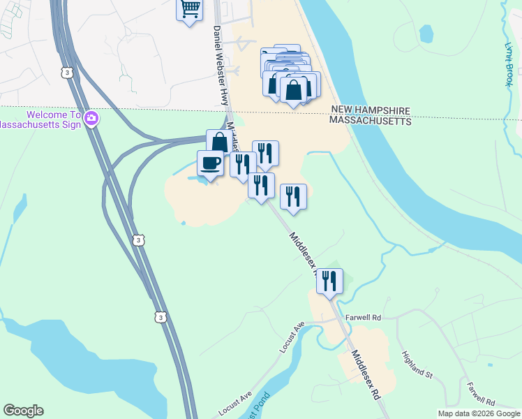 map of restaurants, bars, coffee shops, grocery stores, and more near 422 Middlesex Road in Tyngsborough