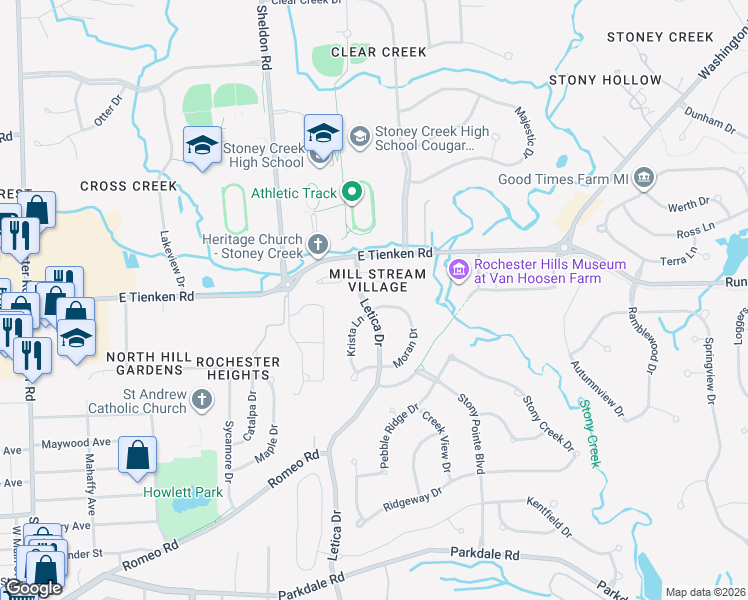 map of restaurants, bars, coffee shops, grocery stores, and more near 1097 Moran Drive in Rochester