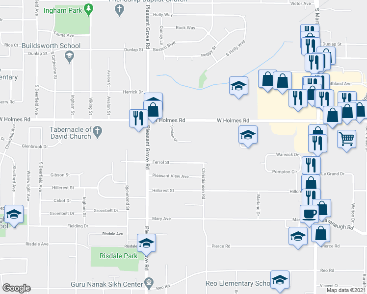 map of restaurants, bars, coffee shops, grocery stores, and more near 3610 Simken Drive in Lansing
