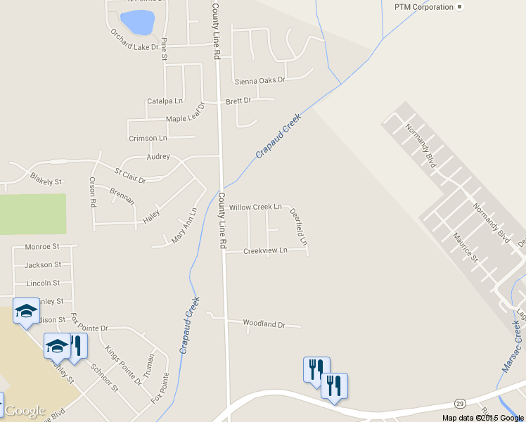 map of restaurants, bars, coffee shops, grocery stores, and more near 53633 Woodside Drive in New Baltimore