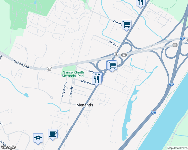 map of restaurants, bars, coffee shops, grocery stores, and more near 21 Clifford Road in Menands
