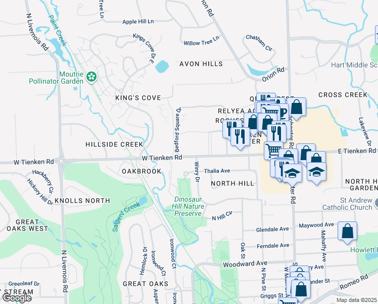 map of restaurants, bars, coffee shops, grocery stores, and more near 480 West Tienken Road in Rochester Hills