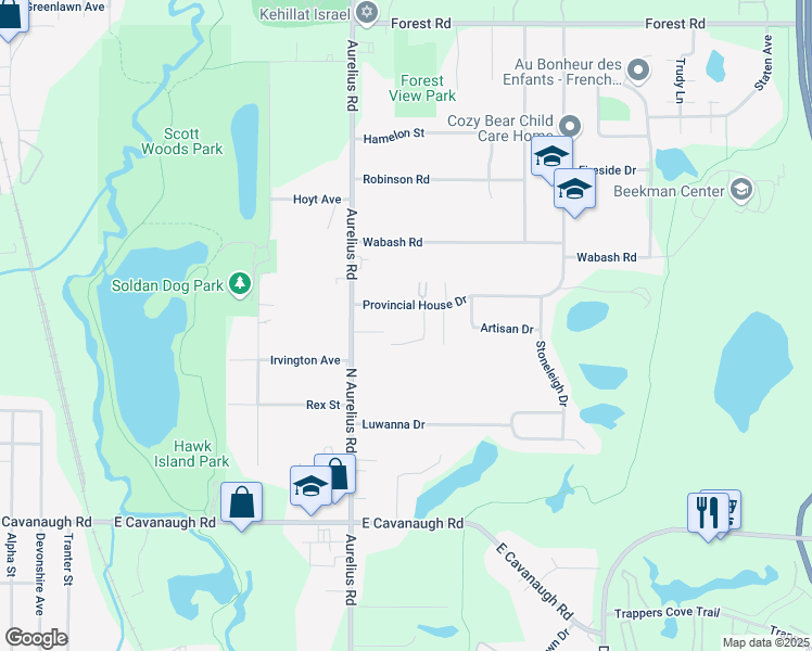 map of restaurants, bars, coffee shops, grocery stores, and more near 3510 Callihan Court in Lansing