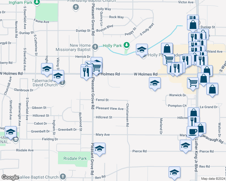 map of restaurants, bars, coffee shops, grocery stores, and more near 3610 Simken Drive in Lansing