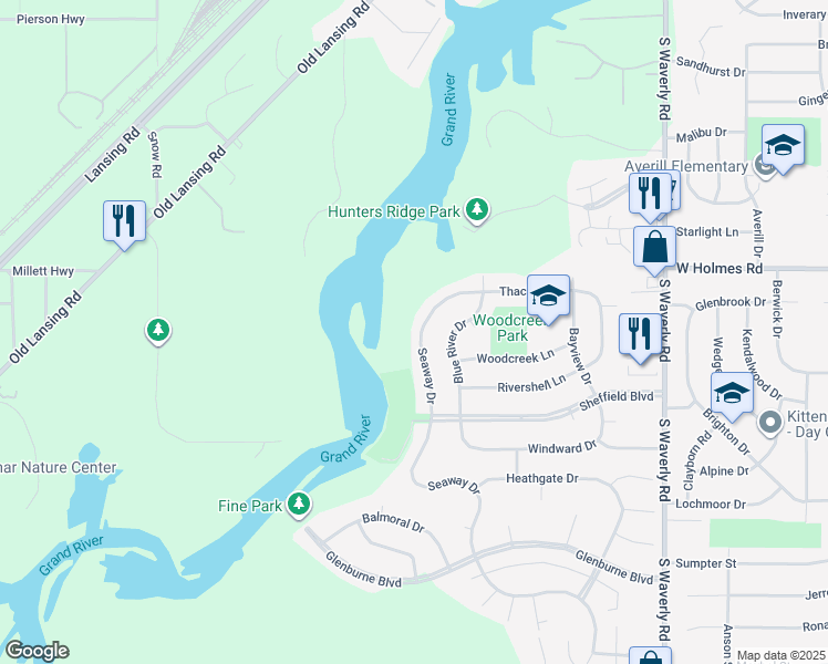 map of restaurants, bars, coffee shops, grocery stores, and more near 3616 Seaway Drive in Lansing