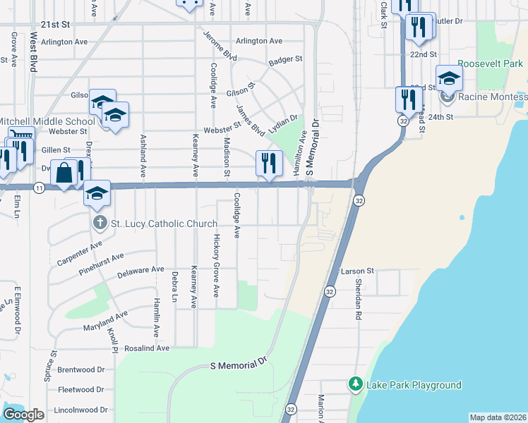 map of restaurants, bars, coffee shops, grocery stores, and more near 3034 Phillips Avenue in Mount Pleasant