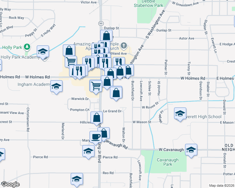map of restaurants, bars, coffee shops, grocery stores, and more near 921 West Holmes Road in Lansing