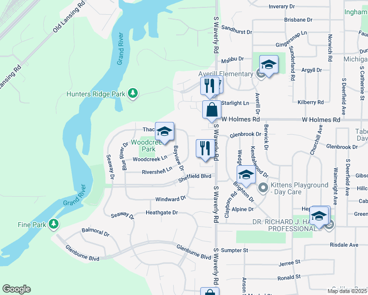 map of restaurants, bars, coffee shops, grocery stores, and more near 3605 Bayview Drive in Lansing