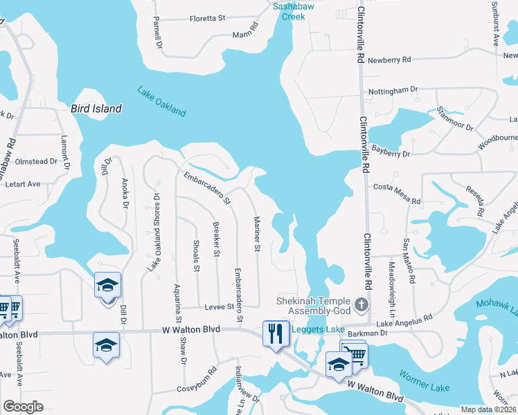 map of restaurants, bars, coffee shops, grocery stores, and more near 3776 Mariner Street in Waterford Township