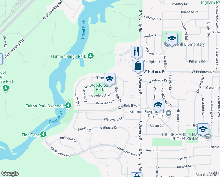 map of restaurants, bars, coffee shops, grocery stores, and more near 4000 Woodcreek Lane in Lansing