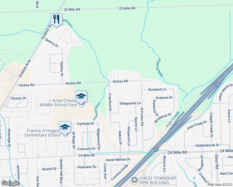 map of restaurants, bars, coffee shops, grocery stores, and more near 53745 Hubs Lane in New Baltimore