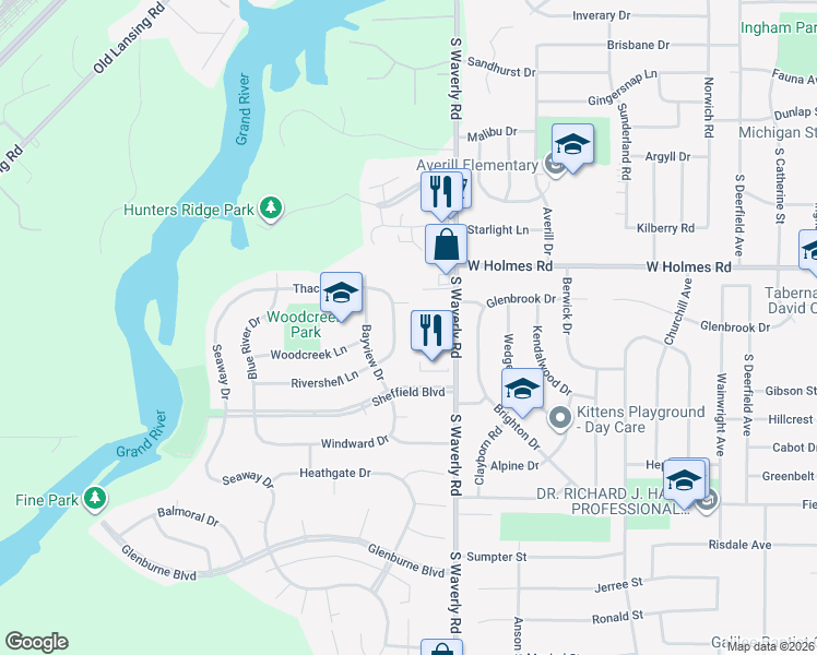 map of restaurants, bars, coffee shops, grocery stores, and more near 3625 Bayview Drive in Lansing